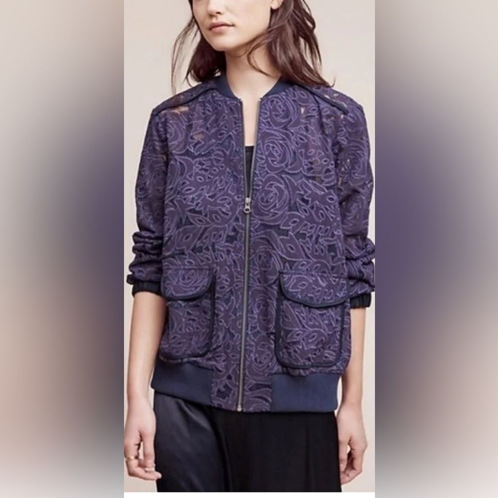 Anthropologie Elevenses Women’s Medium Miranda Lace Bomber Jacket sz Medium EUC